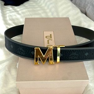 MCM wide leather belt w yellow gold M buckle